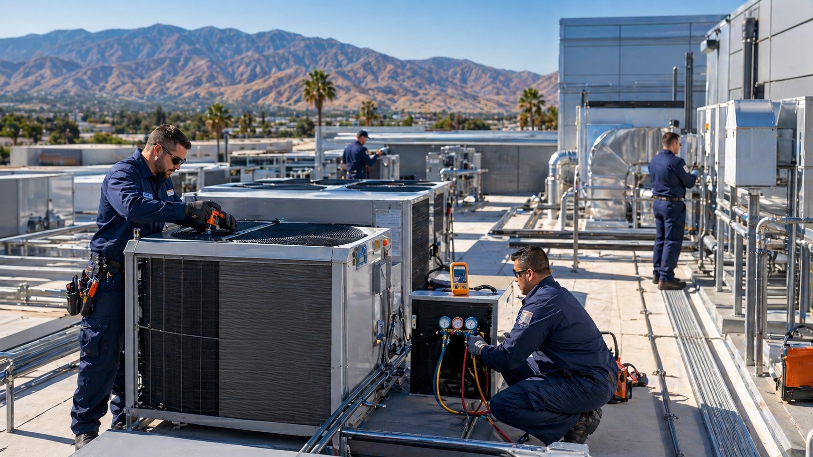 Commercial HVAC technicians servicing rooftop systems