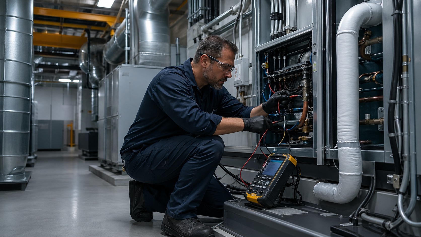 Industrial HVAC technician performing diagnostics